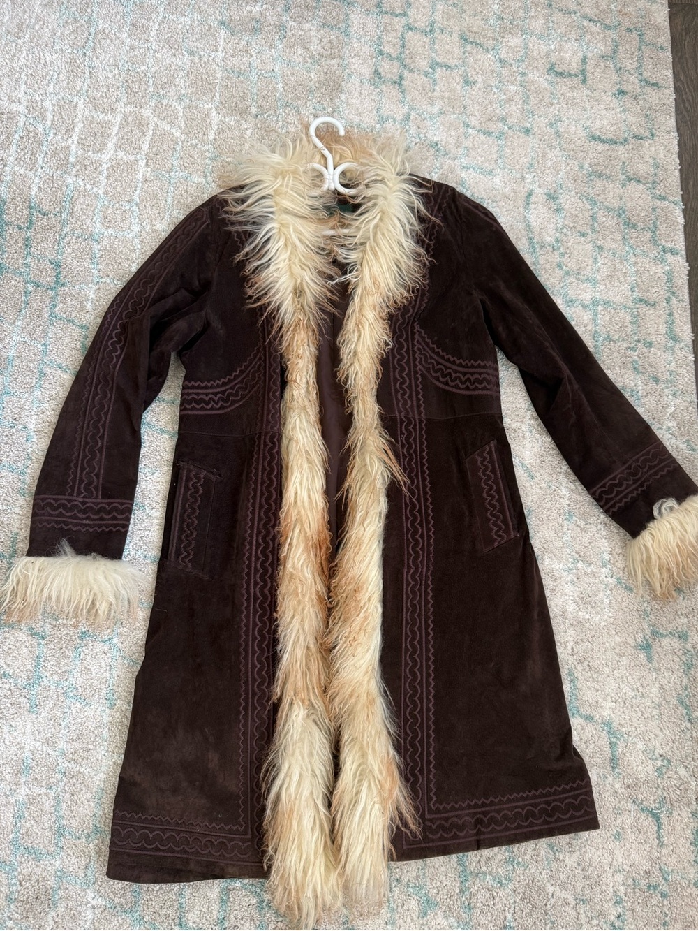 Danier Dark Brown Suede Trench Coat with Cream Faux Fur Trim
